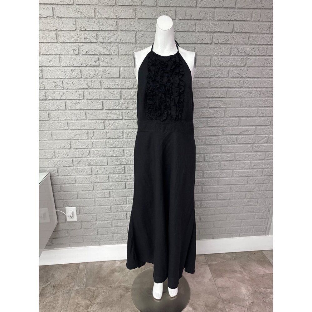 Lennie for Nina Leonard Women Black Tuxedo Ruffle Halter Maxi Dress Size 12